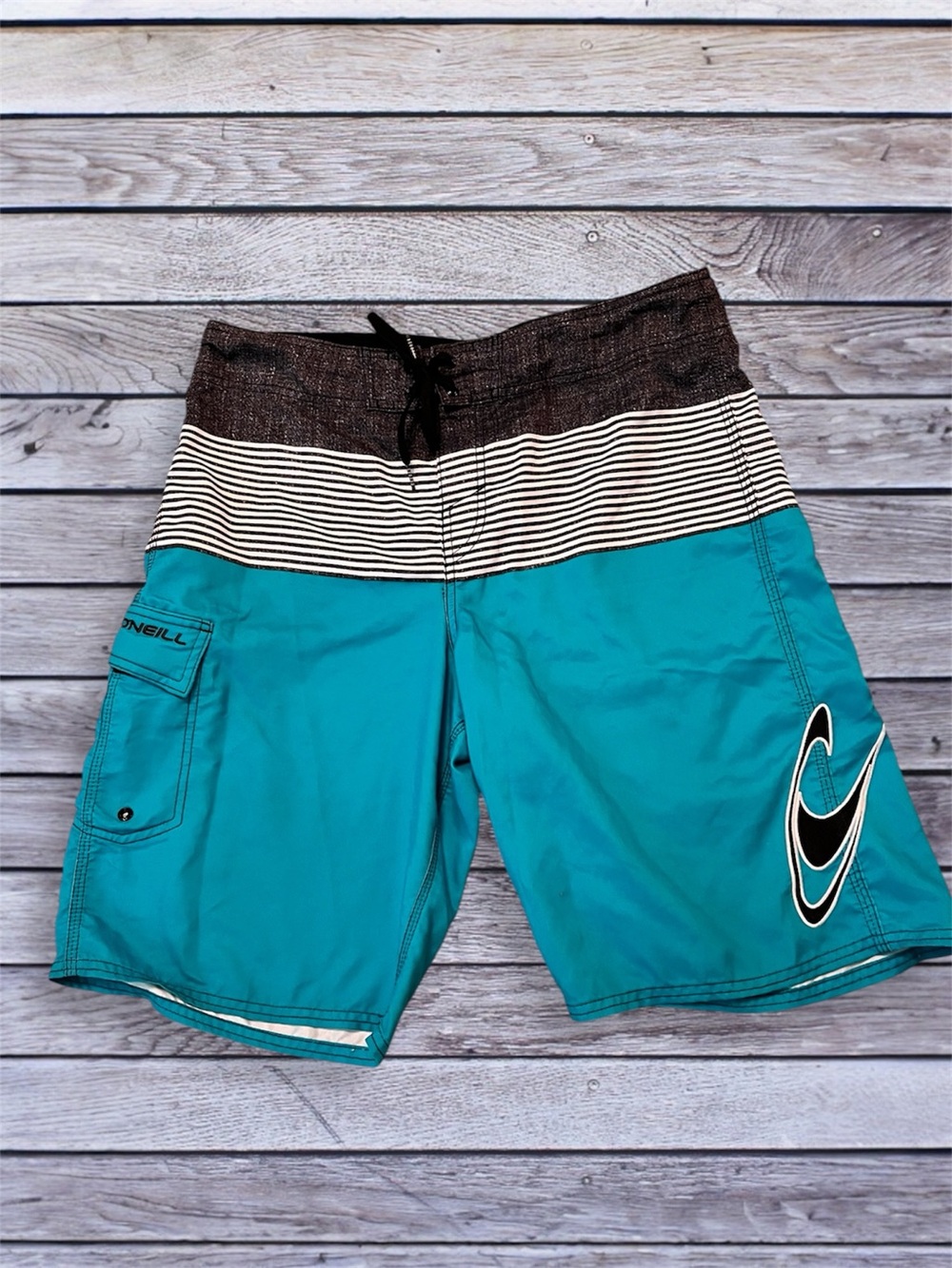 O'Neill Teal & black Stripe Waistboard Swim Trunks 33